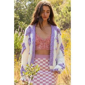 SALE! POL Clothing Ivory Lavender Acrylic Cardigan with Pom Pom Accent SMST357